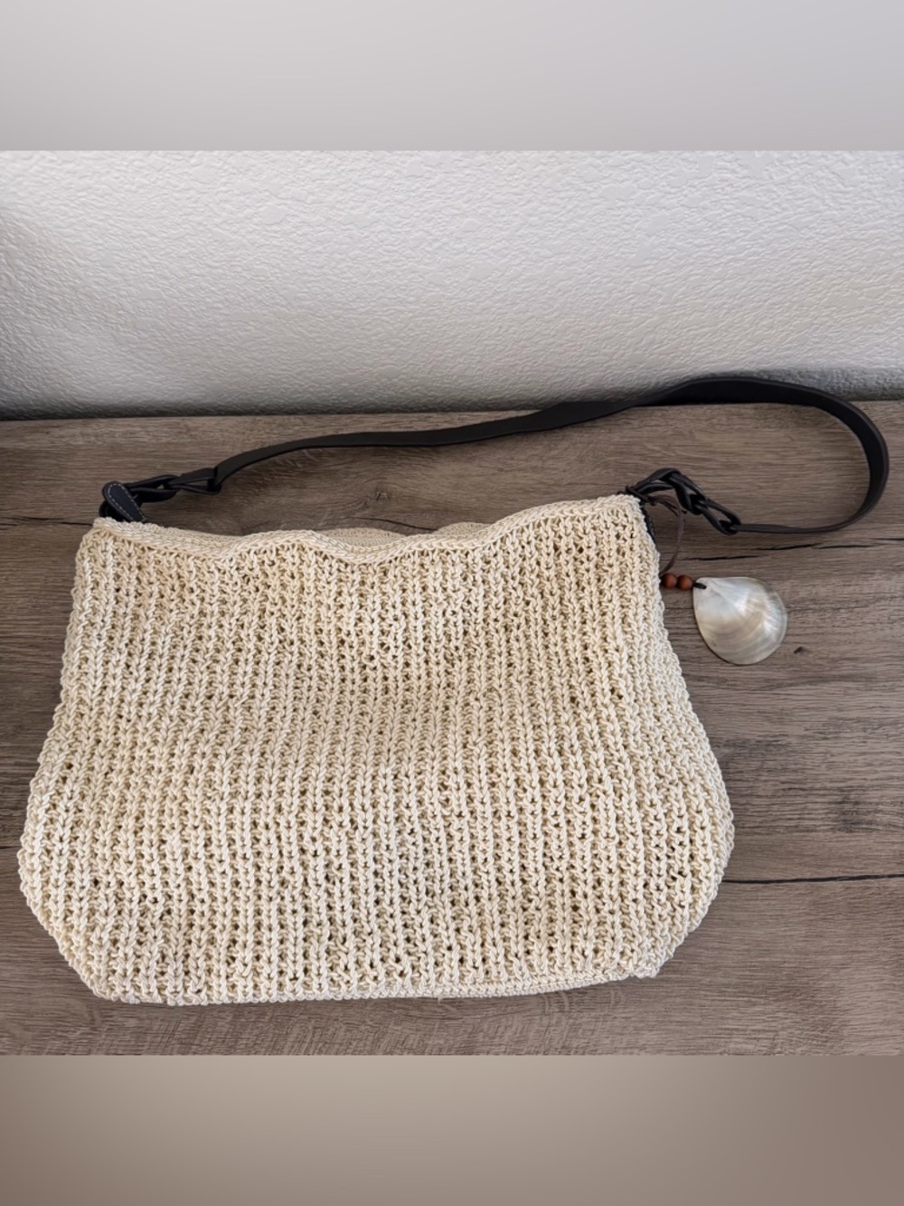 Sigrid Olsen Macrame Tote Bag Crochet Beige Leather Handle Bohemian Beach Purse